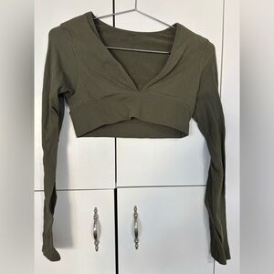 Garage Olive Ribbed V-Neck Long Sleeve Crop Top